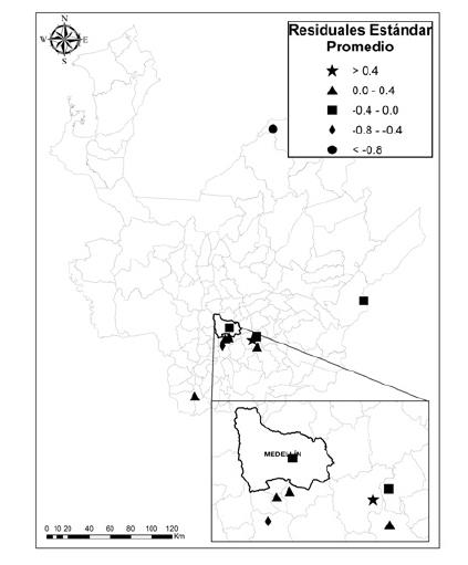 Residuales promedio estándar de la GWR, para explicar el puntaje de la prueba Saber Pro (2009 y 2010) en Antioquia.