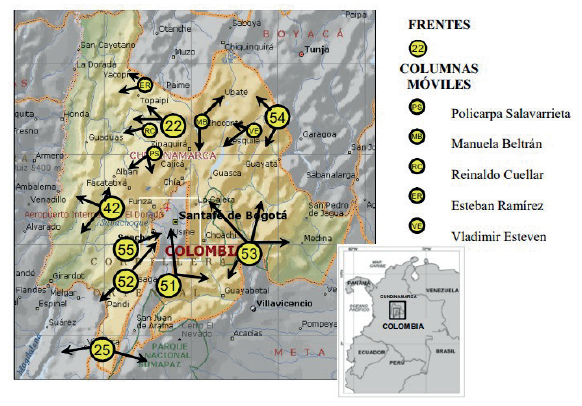Estructuras de las FARC-EP rodeando Bogotá en el año 2000