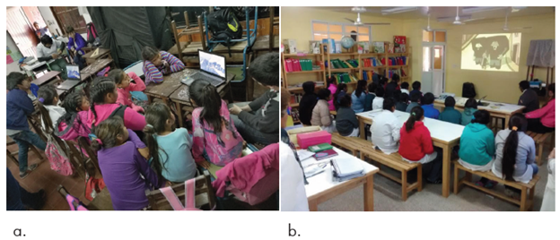 Grupos de estudiantes observando la proyección de un video a. Escuela de educación primaria de la provincia de Formosa. b. Escuela de educación primaria de la provincia de Chaco