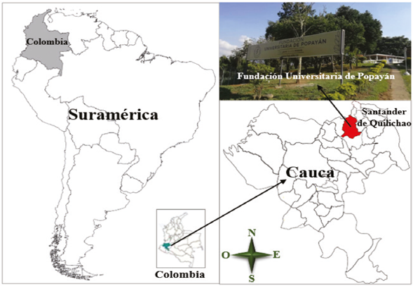 Mapas de Sudamérica, Colombia, el departamento del Cauca y el municipio de Santander de Quilichao con la ubicación de la Fundación Universitaria de Popayán sede norte