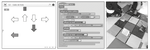 Trabalho do Grupo 3. Da esquerda para a direita: tela do Scratch com o desafio virtual do jogo do salão de dança; programação do jogo no Scratch; tapete que interagia com o jogo utilizando a placa Makey Makey.
