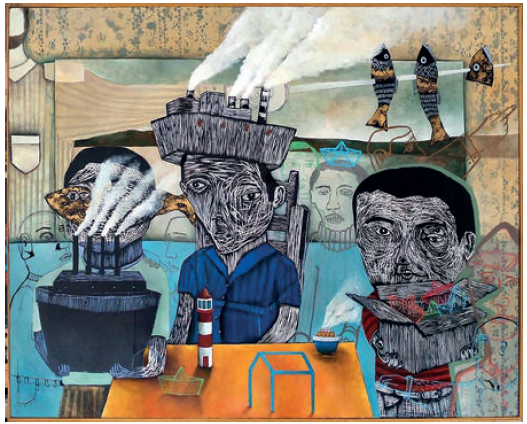 El combate naval de Talcahuano. Martínez (2020). Pintura acrílica sobre tela, digitalizada y exhibida en la Sala Virtual de Exposiciones en Arte BíoBío.